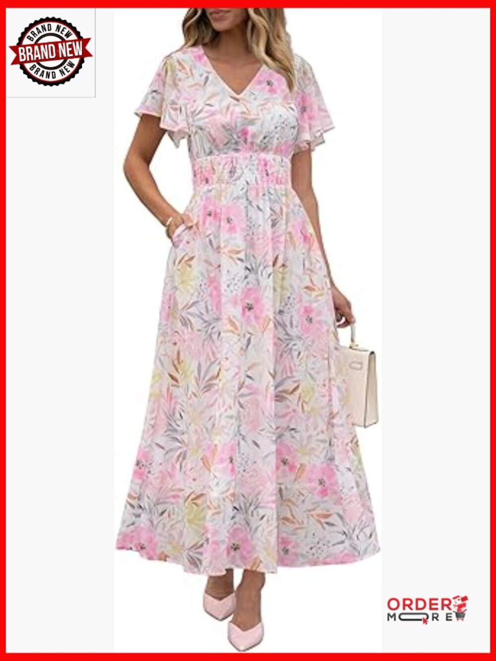 Maxi Dress Floral V Neck Short Sleeve Chiffon Boho Flowy Beach Wedding Guest